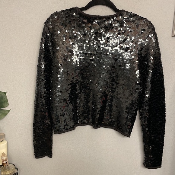 Knitting Needles Sequin Long Sleeve Jacket Black size M hook eye closure - Picture 6 of 7